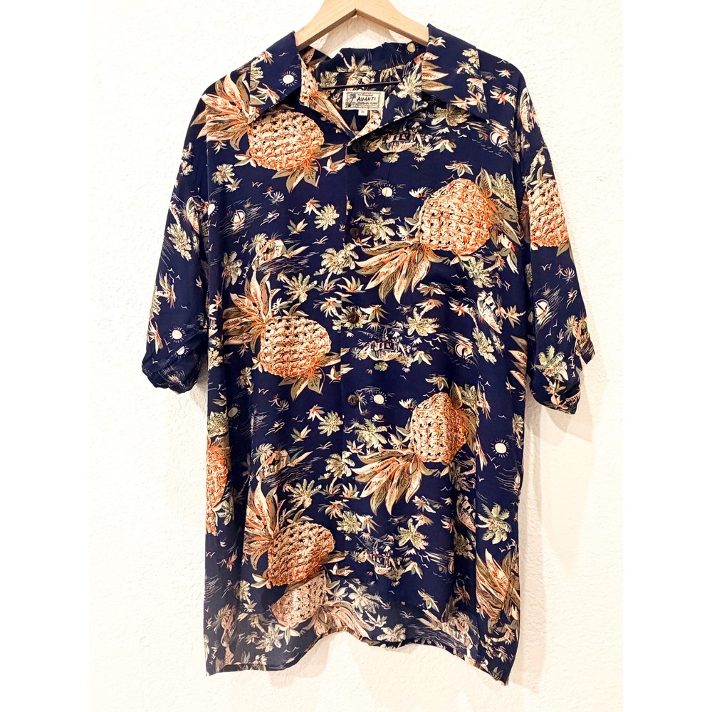 VTG 90's Avanti 100% Silk Pineapple Hut Hawaiian Shirt Mens XL Tropical Resort
